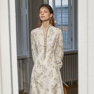 Simple Retro Vintage Plant Print Flounce Sleeve Tie Back Guipure Lace Dress